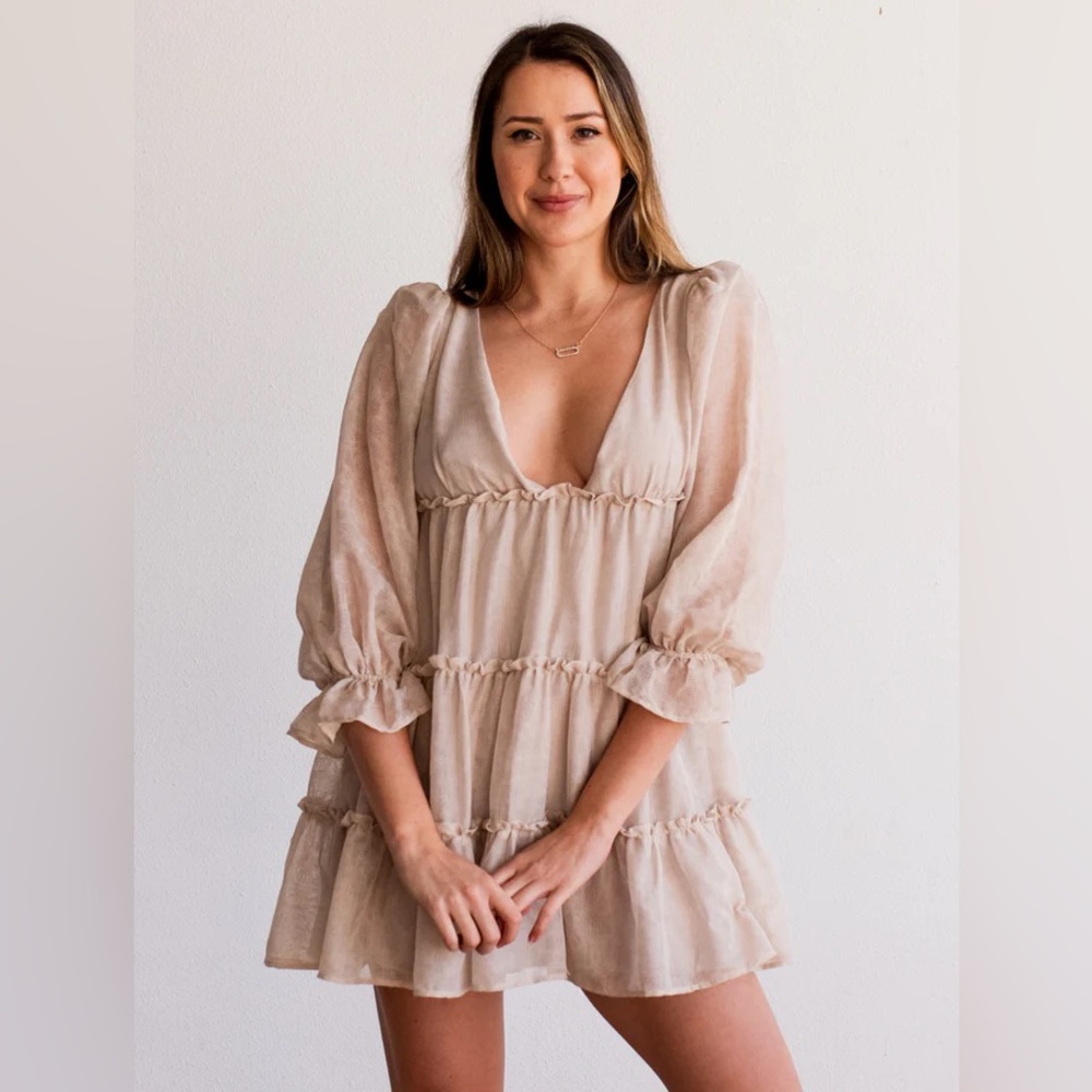 Flea Style Beige Deep V Long Sleeve Tiered Mini Dress